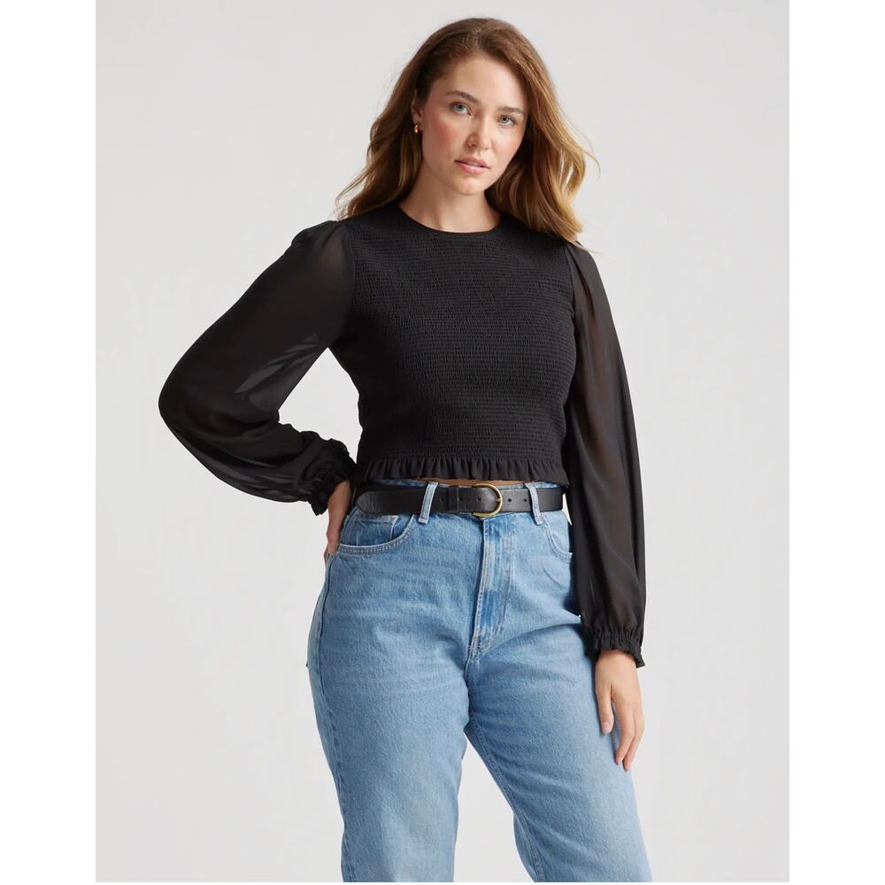 NWOT, QUINCE Black Chiffon Cropped Smocked Blouse Size Small